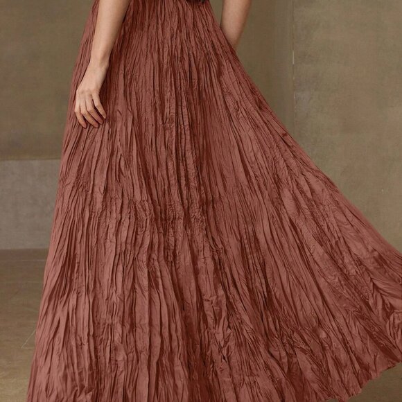 Orange Elegant Women's Premium High Waist Plisse Maxi Skirt - Picture 3 of 7